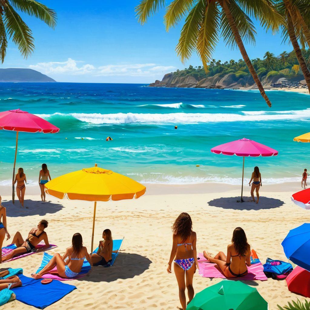 A sun-soaked beach scene featuring models showcasing the latest bikini styles and trends, with colorful beach umbrellas and palm trees swaying in the breeze. Include vibrant beach balls, clear blue waves, and people enjoying summer activities in the background. The atmosphere should be lively and energetic, evoking a sense of excitement for a beach getaway. super-realistic. vibrant colors. sunny background.