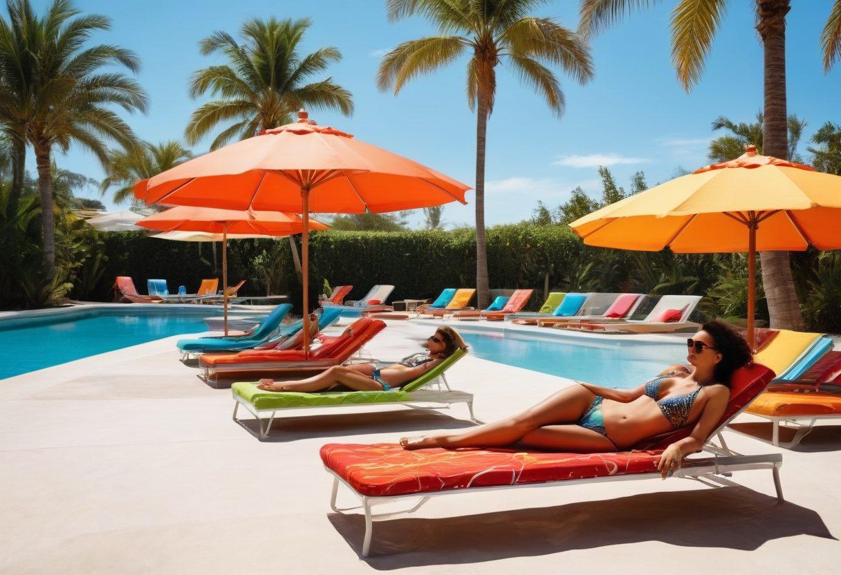 A stylish poolside scene featuring a diverse group of people in chic swimwear, lounging under colorful umbrellas. Include vibrant beach towels and sunglasses, with a clear blue pool in the background. Palm trees sway gently in the breeze while a refreshing drink is placed on a table nearby. Emphasize a sunny, cheerful atmosphere that embodies relaxation and fashion. super-realistic. vibrant colors. sunny beach setting.